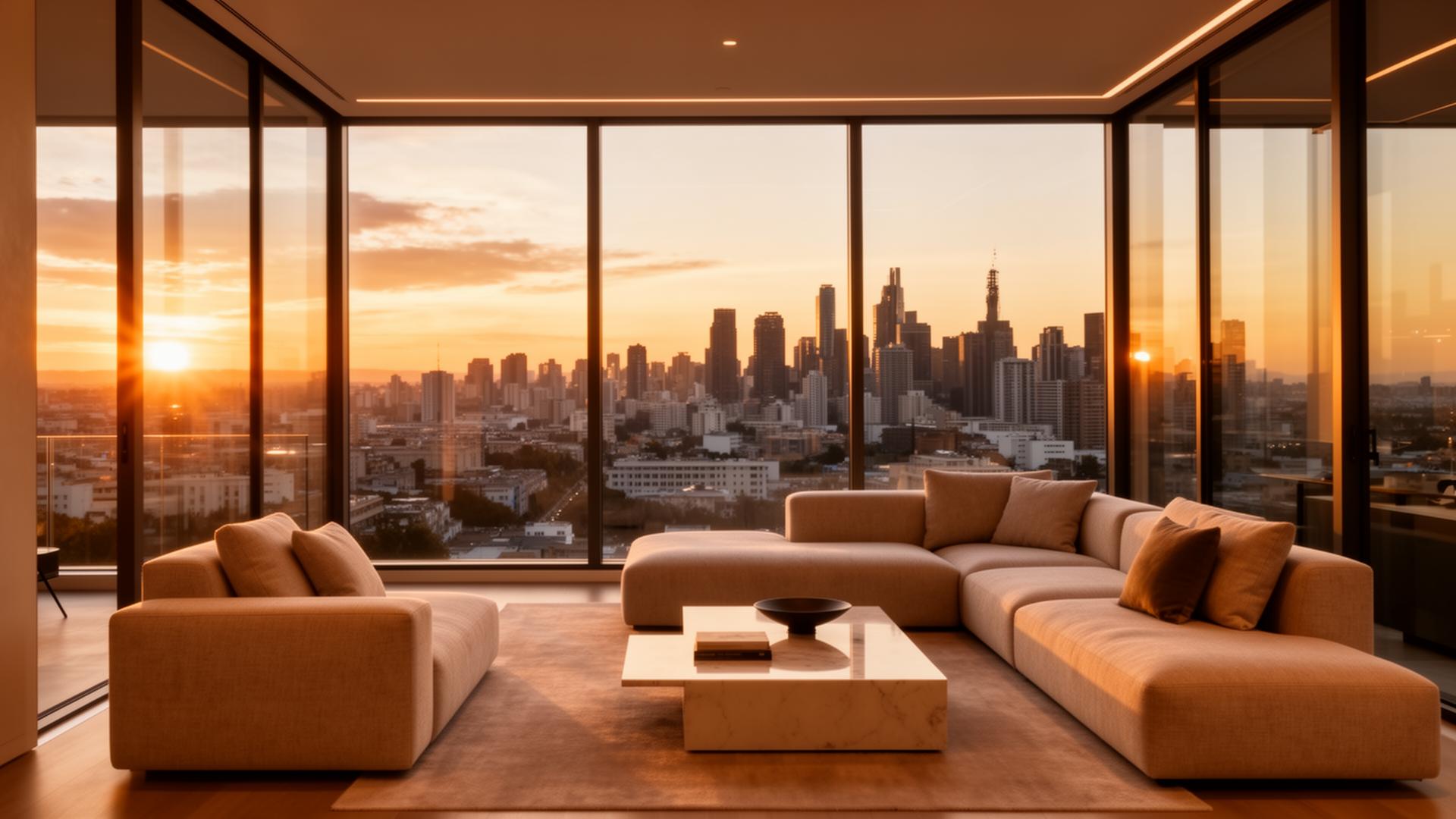 Luxury short-term rental living room at sunset